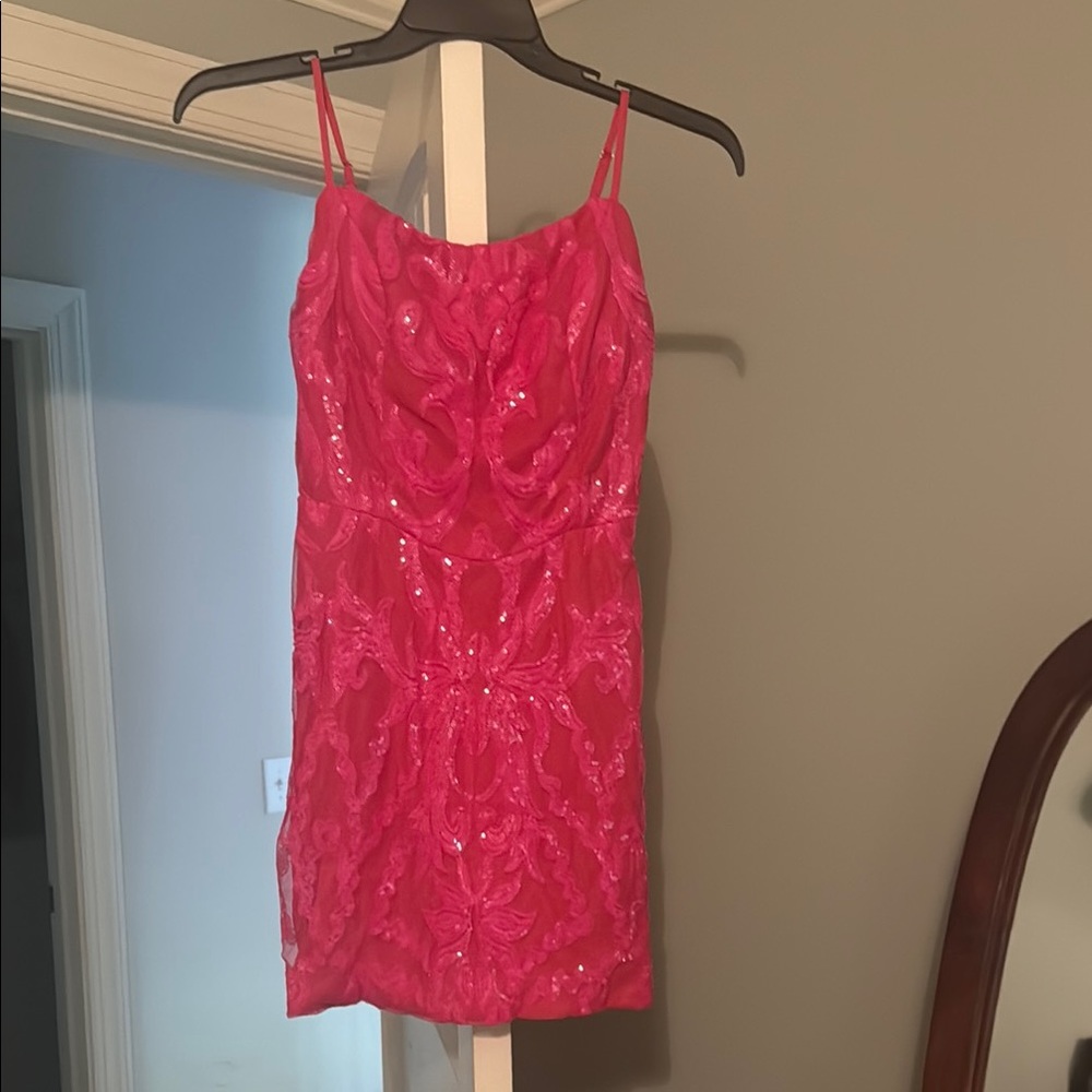 Sequin-Embellished Hot Pink Spaghetti-Strap Prom Dress